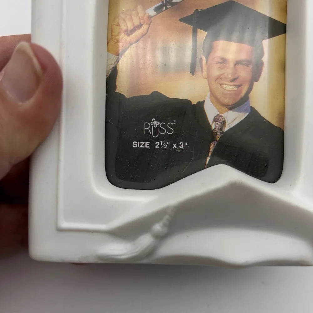 Russ Berrie Graduation Cap Tassel White Ceramic Picture Frame 2.5x3 Wallet Size